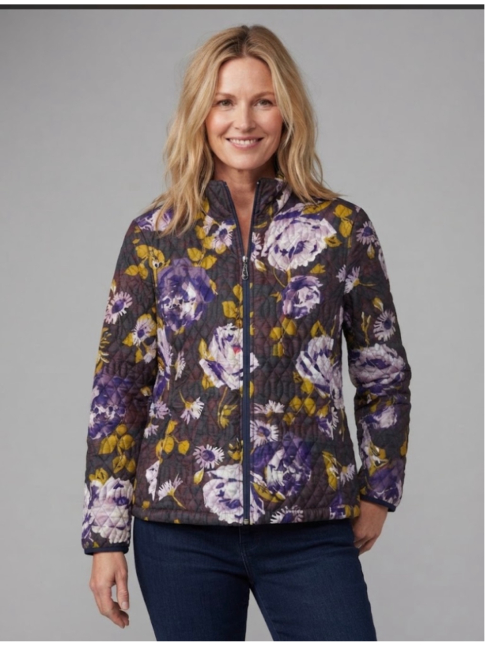Lands' End Floral Quilted Puffer Jacket Size M Black Purple